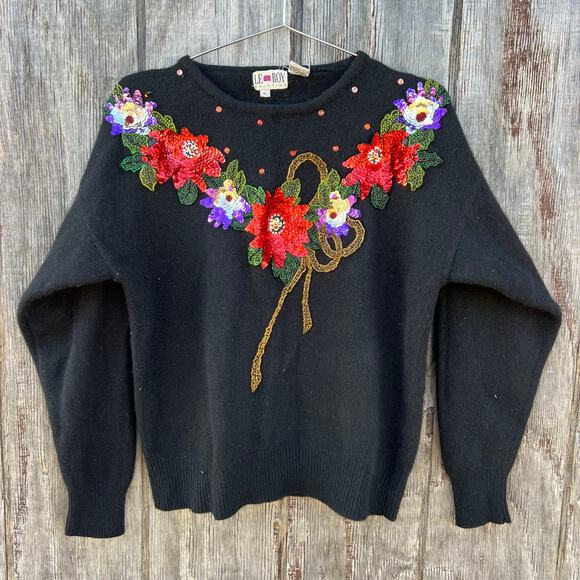 Vintage 80s Le Roy Knitting Lambswool Angora Floral 3-D Embroidery Sweater XL - Picture 1 of 5
